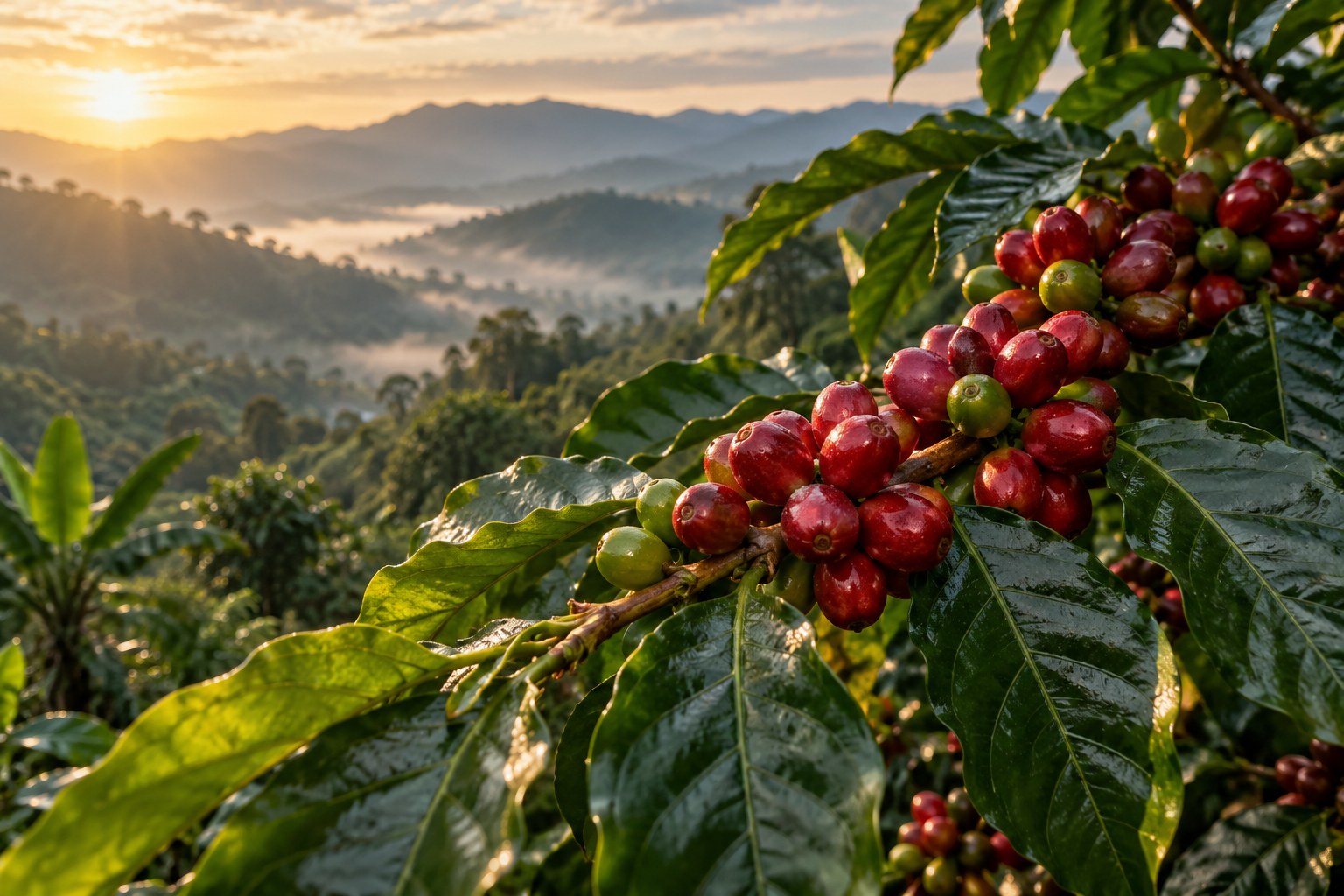 Ripe red coffee cherries on a leafy branch, with green hills in the background